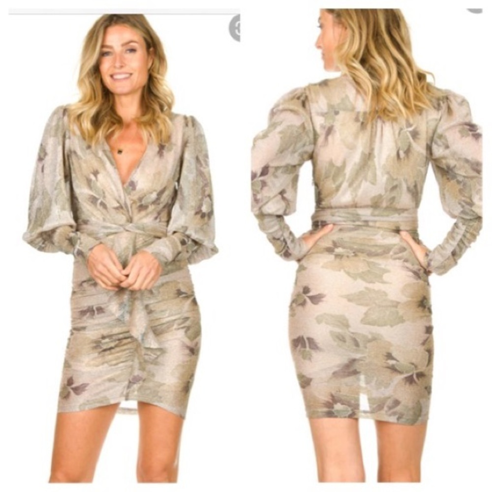 Ba&sh Lizie Rouched Ruffle Metallic Floral Mini Dress sz XS